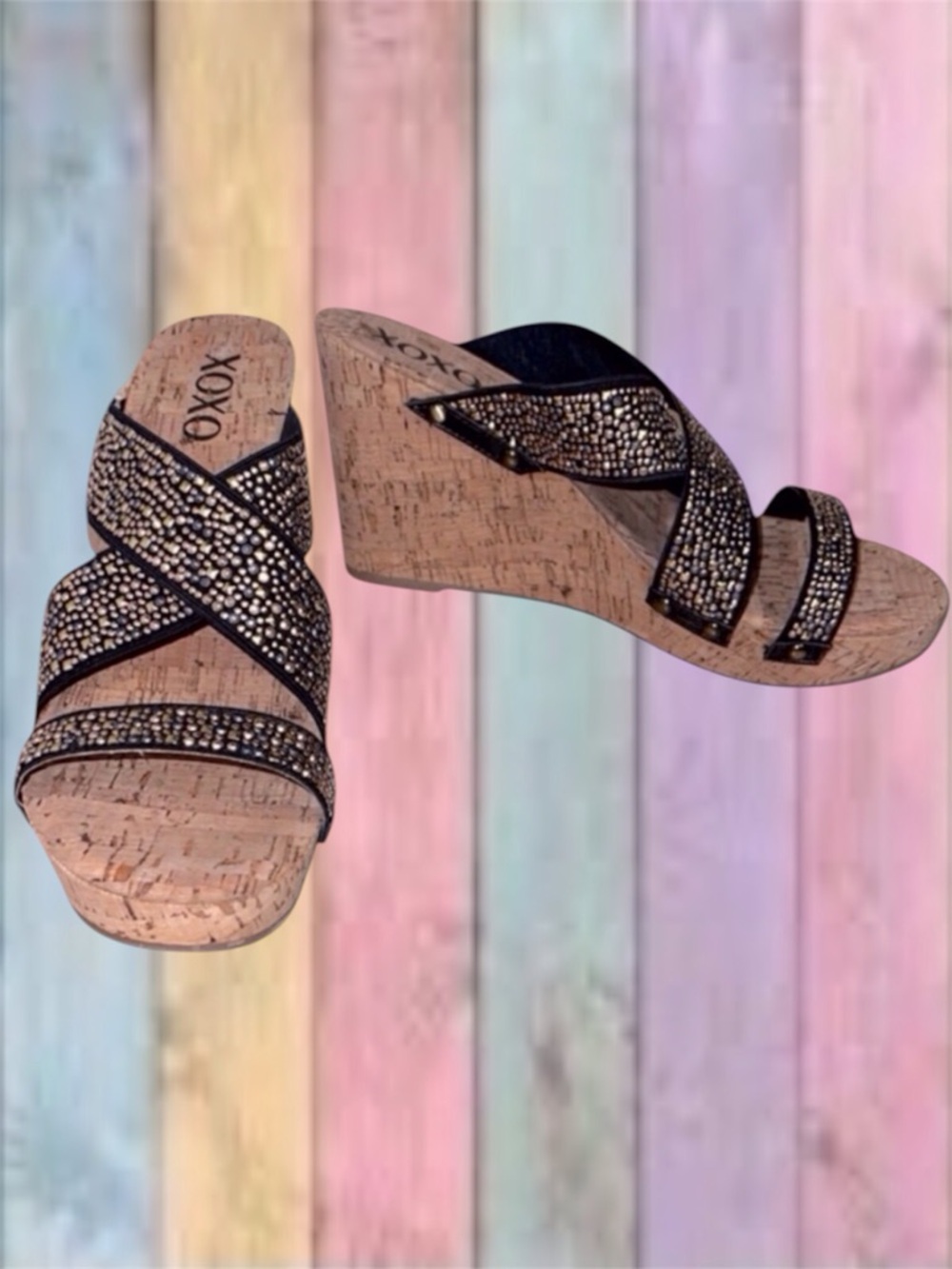 XOXO Black Gold Stud Strap Cork Wedge Slide Sandals NWOT